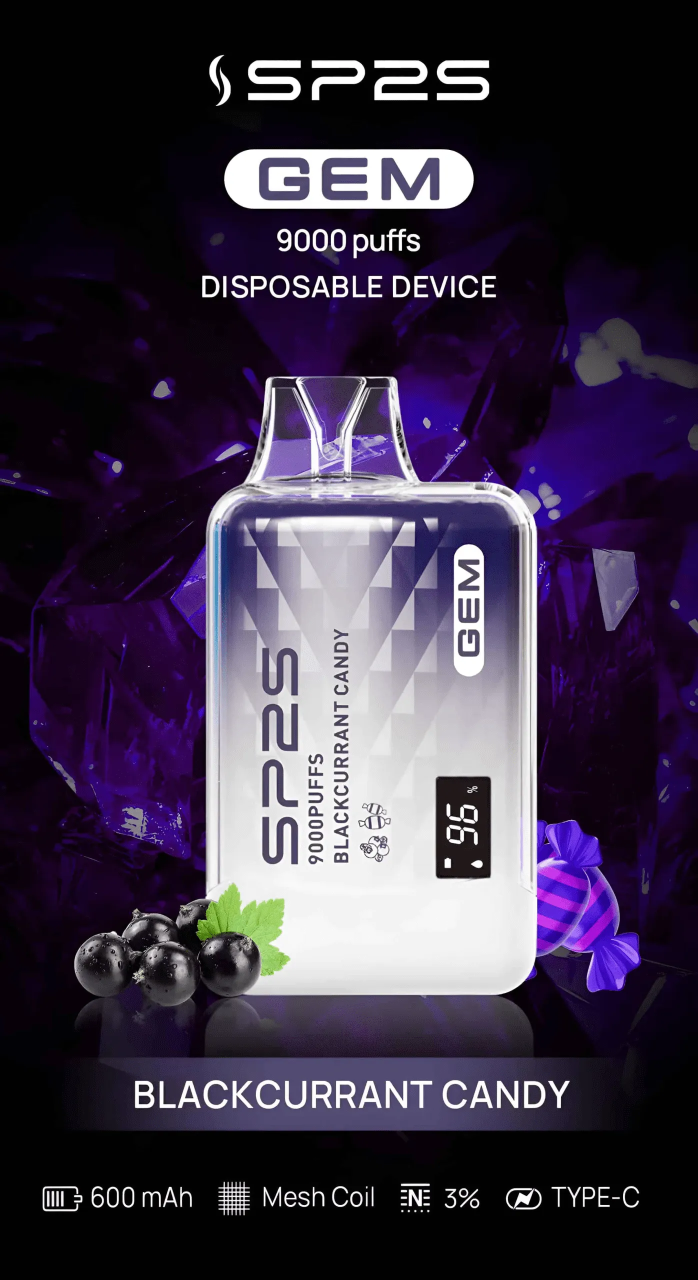 SP2S 拋棄式/一次性 9000 口 黑加侖糖果